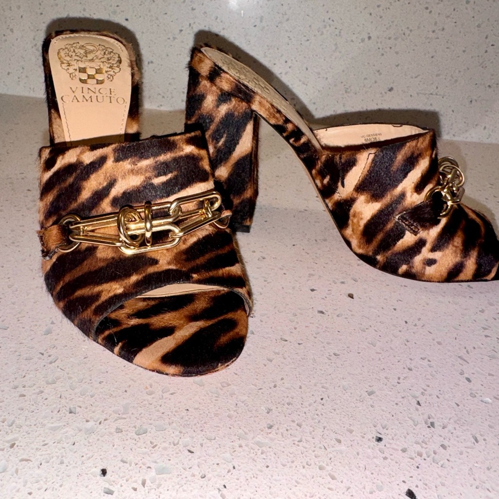 Vince Camuto Black and Gold Heeled Mule Sandals